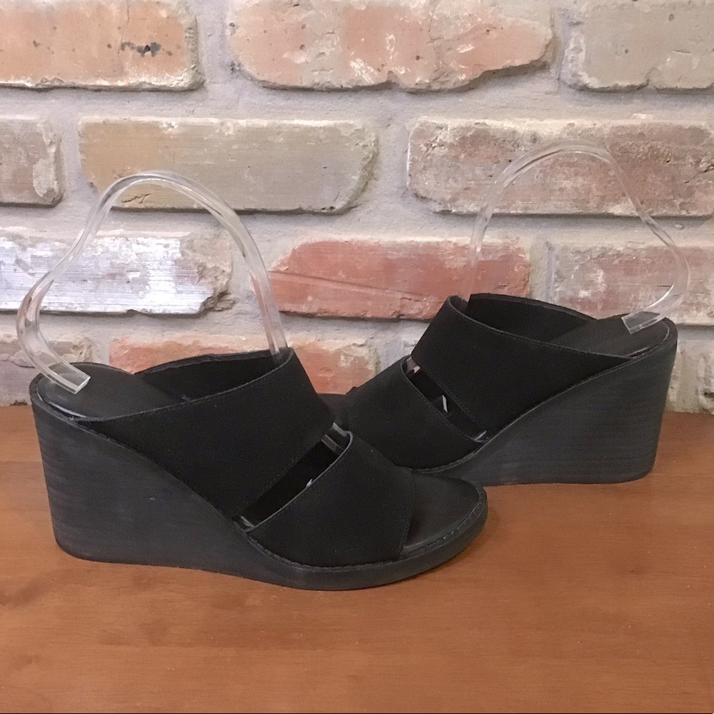 FARYL ROBIN FREE PEOPLE Black Suede Asymmetrical Dual Strap Chunky Wedge Sandals - Picture 3 of 7